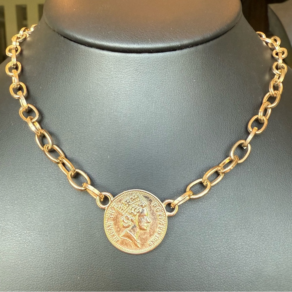 Queen Elizabeth II Faux Gold Tone Coin Necklace Adjustable Length